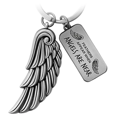 Image of FABACH Angel Wings Keyring Wing Lucky Charm Guardian Feather Pendant Feathers Appear When Angels Are Near, Antique silver, standard size, Classic