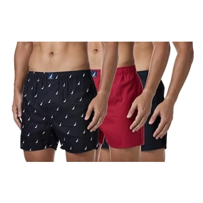 Image of Nautica Men&#039;s Cotton Woven 3 Pack Boxer Shorts, Black Red/Sails Black, M