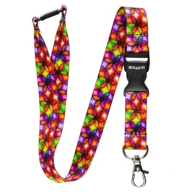 Image of Rolseley Lanyard Neck Strap Crystal Flower Abstract Pattern with Metal Lobster Claw Clip and Safety Breakaway for ID Passes Everyday Use at Office, School, Events