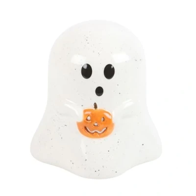 Image of Whimsical Ghost Tealight Holder with Pumpkin Accent Halloween Decor for Ambiance Quality Craftsmanship Versatile Tabletop Decoration at 11cm Tall