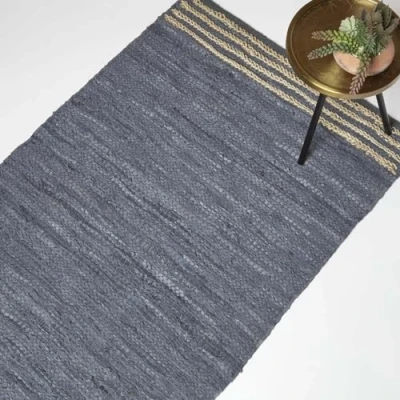 Image of HOMESCAPES Grey Genuine Leather Rug Handwoven Stripe Design Recycled Eco Friendly Real Rug, 120 x 170 cm