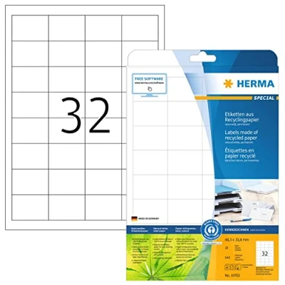 Image of HERMA Self Adhesive Recycling Labels, 32 Labels per A4 Sheet, 20 Sheets, 48.3 x 33.8 mm, 640 100% Recycled Paper Stickers, Sticky for Laser &amp; Inkjet Printer, Natural White