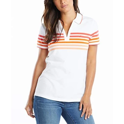 Image of Nautica Women&#039;s Classic Fit Striped V Neck Collar Stretch Cotton Polo Shirt, Hibiscus, Small