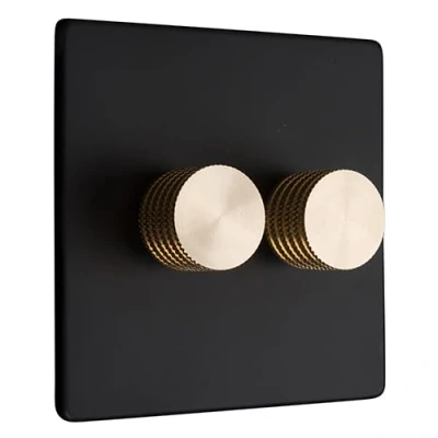 Image of Dowsing &amp; Reynolds Double LED Dimmer Light Switch 2 gang way 5 150W Matt Black with Brass Knobs