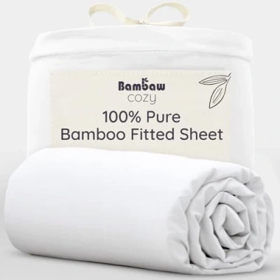 Image of Bambaw Fitted Sheet 160x200 cm, 100% Bamboo Sheets, White Bed Sheet, Soft and Breathable, Vegan Bedding, Hypoallergenic Bedding