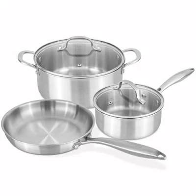 Image of 5pcs Stainless Steel Cookware Set Induction Hob Pots and Pans Non Stick 24cm Casserole with lid, 18cm Saucepan Lid &amp; Frying pan by Nuovva