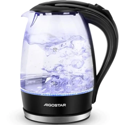 Image of Aigostar Adam 30KHH Glass Water Kettle with LED Lighting, 2200 Watts, 1.7 Liter, Boil dry Protection, BPA Free, Black