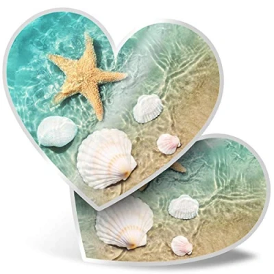 Image of 2 x Heart Stickers 15 cm Seashell Starfish Beach Ocean Shells Fun Decals for Laptops,Tablets,Luggage,Scrap Booking,Fridges, #16972