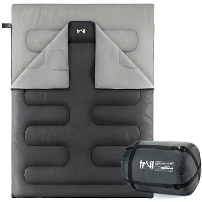 Image of Trail Double Sleeping Bag For Adults, Envelope 2 Season Summer Spring Autumn 250gsm, Outdoor Camping, Lightweight Carry Bag, Storage Pockets, 200cm x 150cm