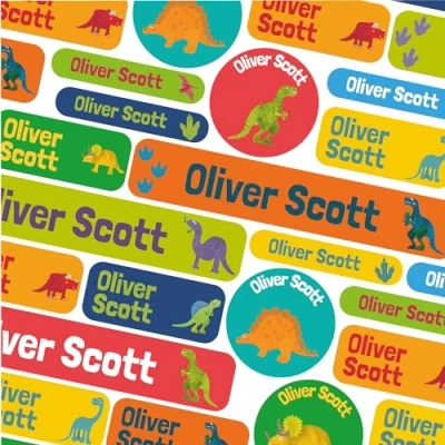 Image of 123 Name Labels for Kids No Iron Tags Clothes Stickers Water Bottles, School Uniform, School, Nursery, Care Homes, Washable and Dishwasher Safe Children (Dinos)