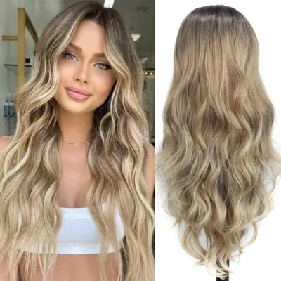 Image of PORSMEER Ombre Brown Blonde Wigs for Women with Dark Roots Long Curly Wavy Natural Synthetic Hair Wig Cosplay or Everyday Use