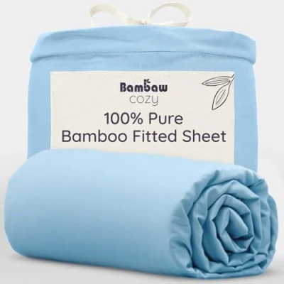 Image of Light Blue Double Fitted Sheet Bamboo Bedding 140x200 cm Bed Soft Sheets Deep Anti Allergy Comfort Beddings Bambaw