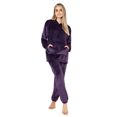 Image of CityComfort Womens Pyjamas, Hooded Fleece Pyjamas Women and Teens, Fluffy Loungewear Set, Cosy PJs (Purple, XL)