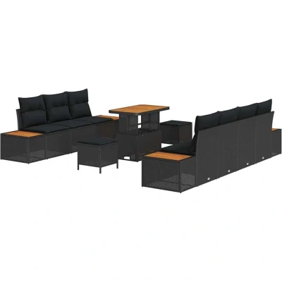 Image of vidaXL 10 Piece Garden Sofa Set with Cushions Black Poly Rattan Acacia