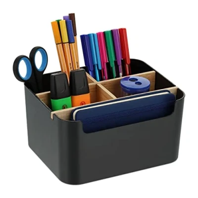 Image of Relaxdays Desk Organiser, 5 Compartments, Plastic and Wood, H x W D: 9,5 18 15 cm, Black, 9.5 cm