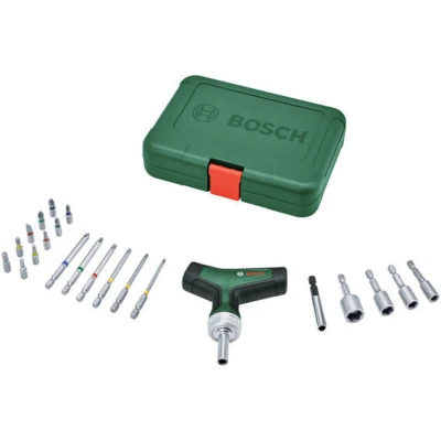 Image of Bosch Bit Ratchet Screwdriver T Handle Set 22 Piece (Max Torque 46 Nm; 36 Tooth Gear; Magnetic Holder; Ergonomic Softgrip; 16 Bits S2 Steel; 4 Nutsetters; Case)