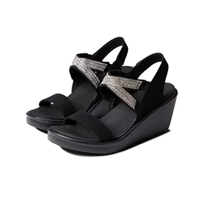 Image of Skechers Women&#039;s Rumble on Chart Topper Sling Back Sandals, Black Mitobuck Metal Clear Rhinestone, 5 UK