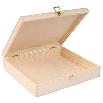 Image of Creative Deco Wooden Storage Box Unpainted Plain 29x25x6.5cm Golden Latch with Hinged Lid Large Easter Gift Storing Valuables Shoes Tools Kitchen Wood Keepsake Memory Chest