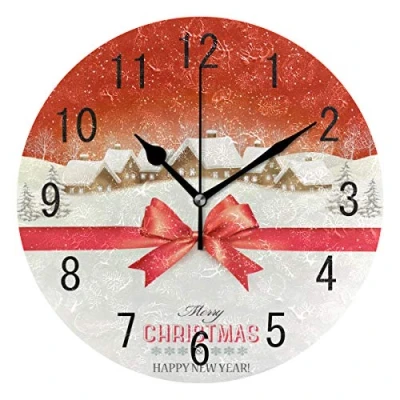 Image of Use7 Home Decor Winter Village Christmas Round Acrylic Wall Clock Non Ticking Silent Art for Living Room Kitchen Bedroom