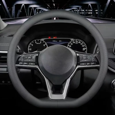 Image of LKWLIKEI Nappa Leather D Shape car Steering Wheel Cover, Non Slip, Breathable，Universal 15 inch.（D Black）