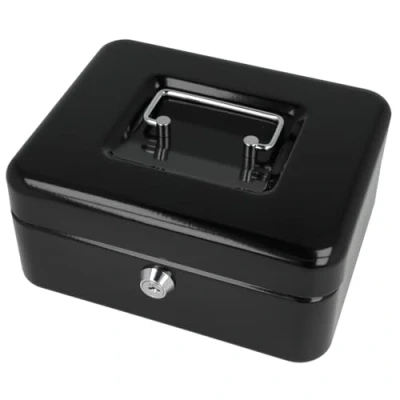 Image of Westcott Lockable cash box (20 cm) BLACK made of sheet steel with 2 keys Removable coin tray 3 compartments E 51001