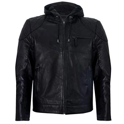 Image of Infinity Leather Mens Retro Hooded Bomber Jacket Zaria Black Size X Large