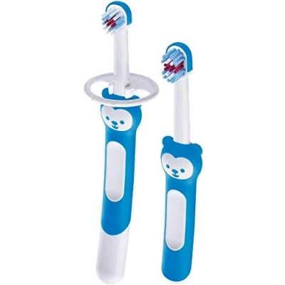 Image of MAM Learn to Brush Set, Two Baby Toothbrushes With Safety Shields, Ideal for Teaching Dental Hygiene Infants, Training Toothbrush, Blue