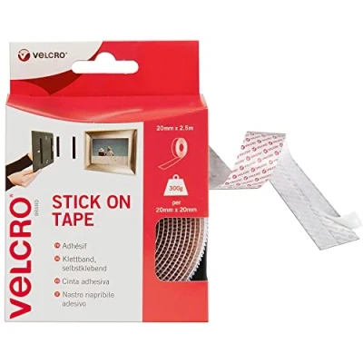 Image of VELCRO Brand Stick On Tape , Cut to Length Strong Hook &amp; Loop Self Adhesive Sticky Perfect for Room Décor Home, Office, Garage Use . White 20mm x 2.5m
