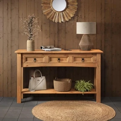 Image of Corona Console Table 3 Drawer With 1 Shelf, Solid Pine Wood