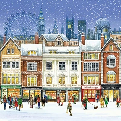 Image of Museums &amp; Galleries Pack of 5 Artistic Christmas Cards Shopping in London Illustrated Design by Fiona Osbaldstone From The Classics Collection