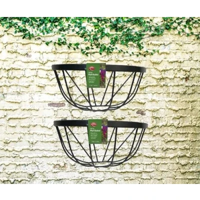 Image of 2 x Garden Wall Trough Planter 16 Inch Wrought Iron Mounted Black Flower Basket