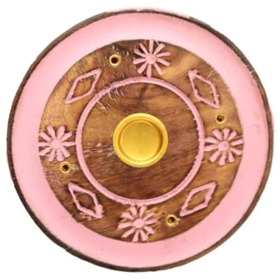 Image of Puckator Mango Wood Round Painted Pink Flower Ashcatcher Incense Burner Zen Spiritual Modern Gothic Home Room Decor Decorations Meditation Accessories Stick Sticks Cone Holder Burners