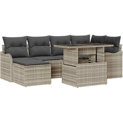 Image of vidaXL 7 Piece Garden Sofa Set with Cushions Light Grey Poly Rattan