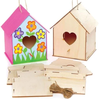 Image of Baker Ross Heart Wooden Birdhouse Kits Pack of 2, Wood Valentines Crafts for Children (FC426)