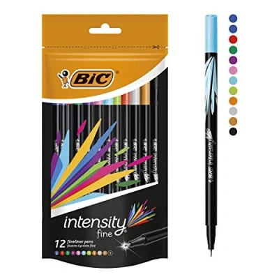Image of BIC Intensity Fineliner Pens, Fine Felt Tip No bleeding, Smudging, in Vivid Assorted Colours, Pack of 12