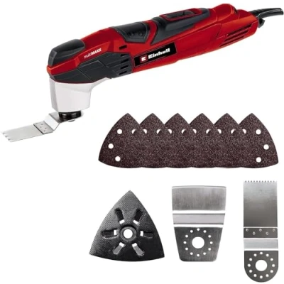 Image of Einhell TE MG 200 CE Oscillating Multi Tool W Kit For Sawing, Cutting, Sanding Multifunctional With Saw Blade, Plunge Blades, 6 x Sander Pads and Case