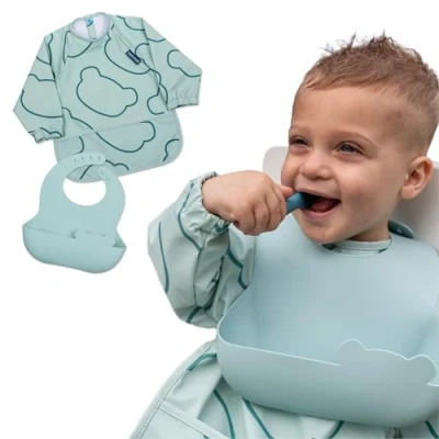Image of TUM Double Up Baby Bibs Set, inc Long Sleeved Coverall Bib and Silicone Bib, Waterproof Easy Wipe Clean, Machine Washable (Blue)