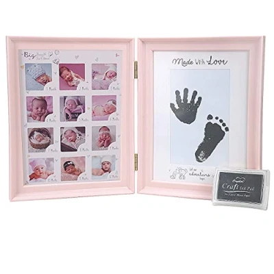Image of Baby Handprint Kit and Footprint Photo Frame for Newborn,Babyprints Paper &amp; Ink Pad Memorable Keepsakes Shower Boys Girls Gift Set,Decorations Room Wall or Nursery Décor (Pink)