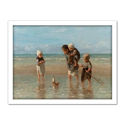 Image of Artery8 Jozef Israels Children Of The Sea Bathing Painting Artwork Framed Wall Art Print 18X24 Inch