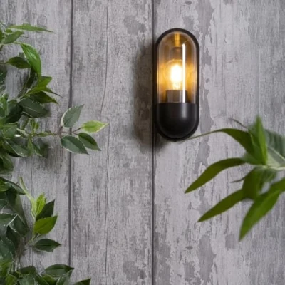 Image of Oval Bulkhead Outdoor Glass Wall Light Lantern, E27, IP44, Black for Garden, Patio, Balcony, Shed, Entrance, Pathway, Doorway &amp; Exterior Coastal Areas