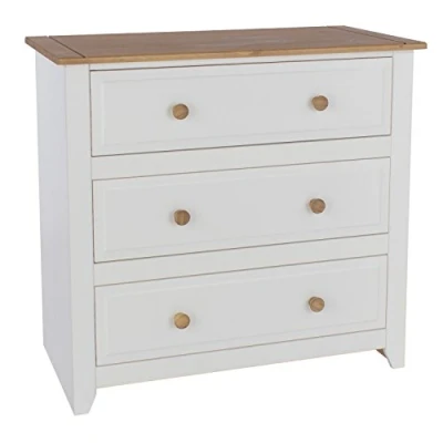 Image of Home Source Arizona Chest Bedroom Storage Cabinet Solid Pine Top, MDF, White, 3 Drawer