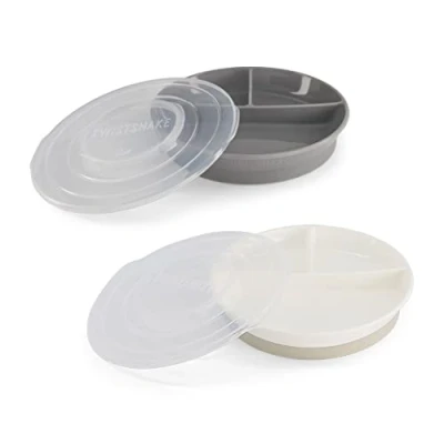 Image of Twistshake Baby plate with Airtight Lid 2 Pack Divided Plates for Children BPA Free Weaning 3 Parts Food Training 6m+ feeding Newborn Essentials Grey White