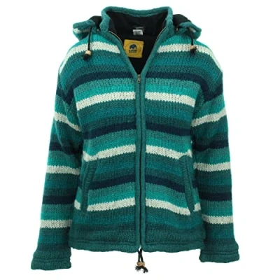 Image of LOUDelephant Hand Knitted Wool Hooded Jacket Cardigan Ladies Cut Stripe Teal (3X Large)