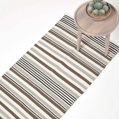 Image of HOMESCAPES Striped Rug, 66cm x 200cm 100% Cotton Black and Grey Runner Mat; Modern, Contemporary Scandinavian Living Room &amp; Bedroom Rugs