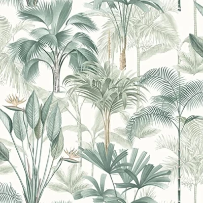 Image of King Palm Green White Wallpaper Tropical Leaves Botanical Floral Plants Nature Modern Contemporary