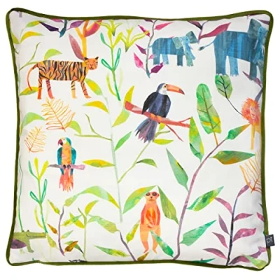 Image of Prestigious Textiles Hide And Seek Animal Piped Cushion Cover Green Cotton One Size