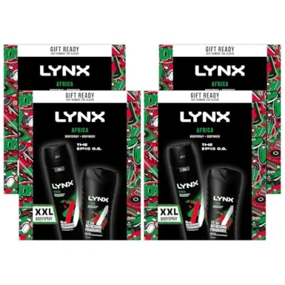 Image of Lynx THE EPIC O.G. Africa 48 H High Definition Fragrance XXL Bodyspray 250 ml &amp; 12 Refreshing Bodywash 225 2 Pieces Ready to Wrap Gift Set For Him,4pk