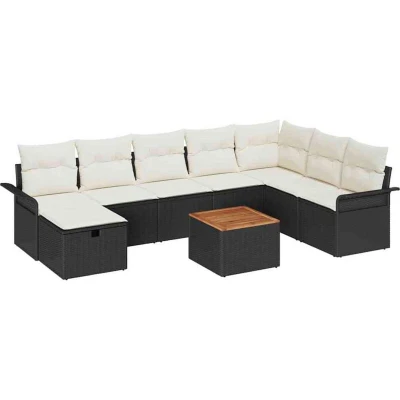 Image of vidaXL 9 Piece Garden Sofa Set with Cushions Black Poly Rattan