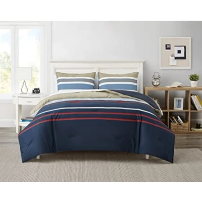 Image of Nautica Cotton Reversible Bedding with Matching Shams, Stylish Home Decor, Navy Blue/Beige/Red, King