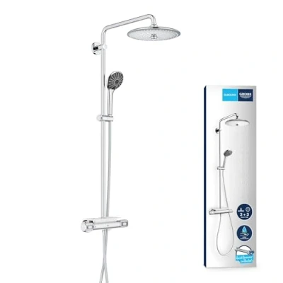 Image of GROHE Vitalio Joy 260 Cool Touch Thermostatic Mixer (26 cm Shower Head with 3 Spray, Toiletries Tray, 11 Hand Spray Easy Clean Nozzles, 1750 mm Twist Free Hose), Chrome, 26403002